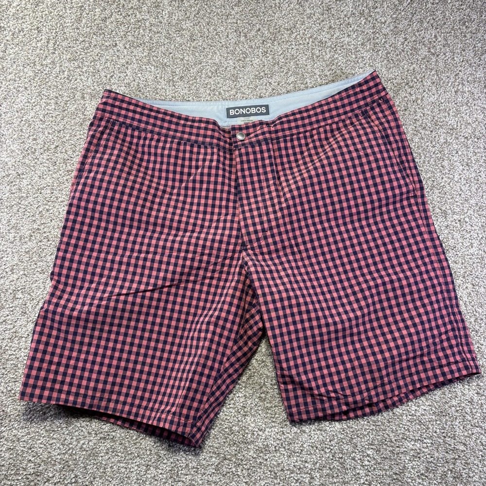 Bonobos Swim Trunks Mens 32 Red Navy Gingham 9 Inseam Lined Drawstring Shorts‎